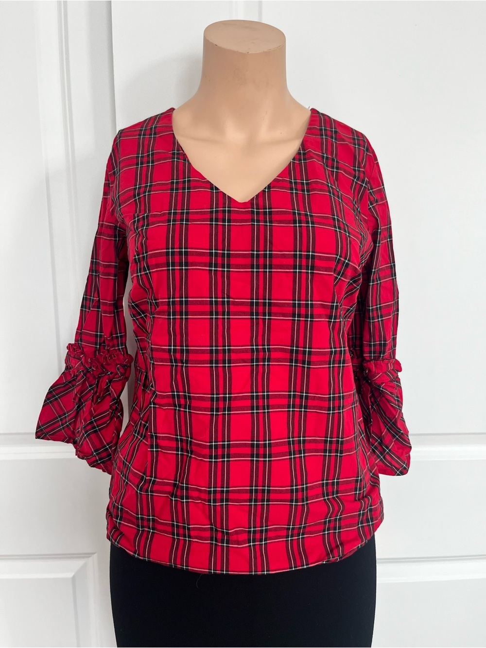 Izod Red Plaid V-Neck Blouse with Ruffle Sleeve Detail